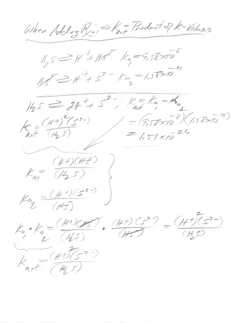 Given the two reactions H2S⇌HS−+H+, K1 = 9.58×10−8, and HS−⇌S2−+H+, K2 = 1.58×10−19, what-example-1