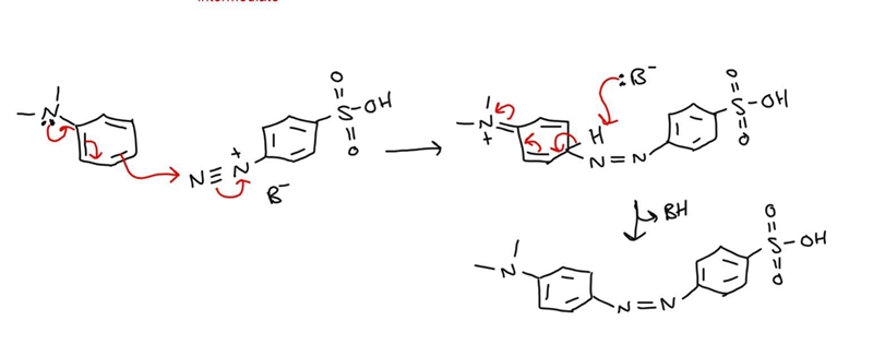 Draw the mechanism of the reaction of N,N-dimethylaniline and the diazonium salt of-example-1