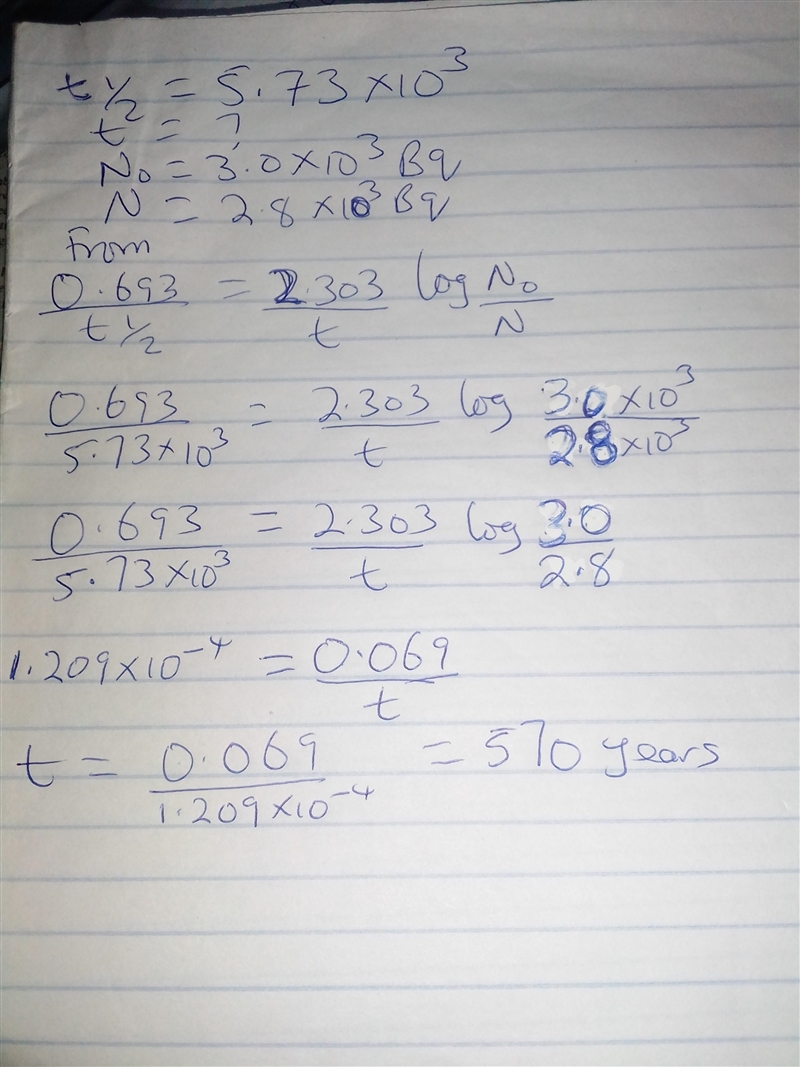 The half-life for the decay of carbon-14 is 5.73x10^3 years. Suppose the activity-example-1