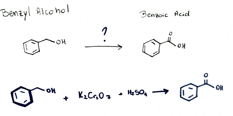 Prepare benzoic acid from from benzyl alcohol. What is the purpose of the addition-example-1