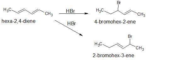 The products obtained by adding 1 mole of HBr to 2,4-hexadiene areA. 4-bromo-2-hexene-example-1