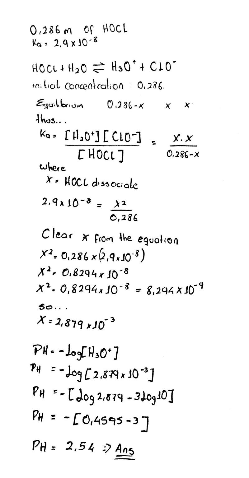 What is the pH of a 0.286 M solution of hypochlorous acid (K, 2.9 x 10-8)?-example-1