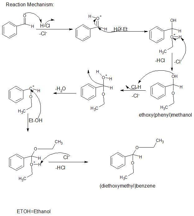 Complete the mechanism for the following reaction of benzaldehyde dissolved in dry-example-1