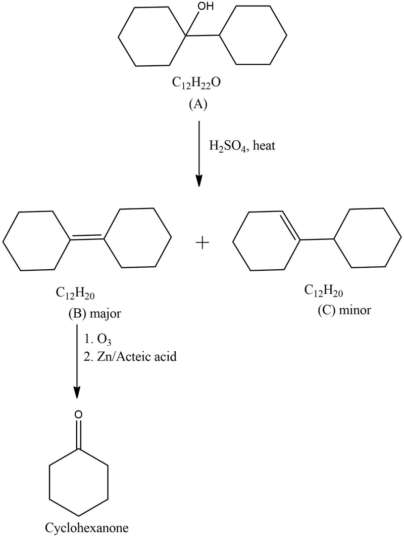 Compound A, C12H22O, undergoes reaction with dilute H2SO4 at 50°C to yield a mixture-example-1