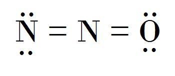 Dinitrogen oxygen, N2O, has two double bonds. The general structure is N=N=O. The-example-1