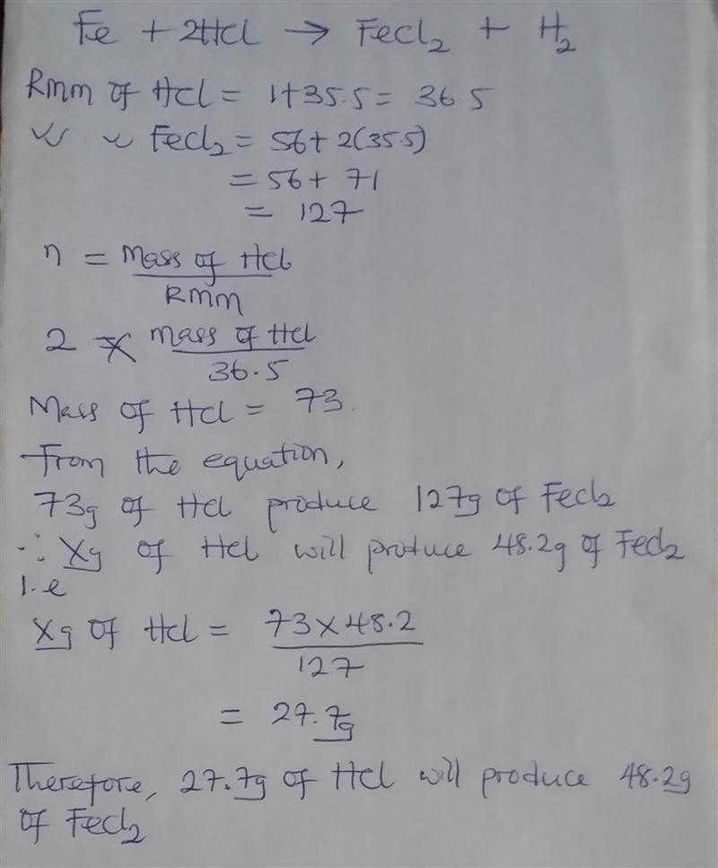 iron reacts with hydrochloric acid to produce iron 2 chloride and hydrogen gas. What-example-1