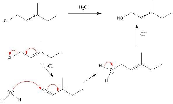 1-chloro-3-methyl-2-pentene undergoes hydrolysis in warm water to give a mixture of-example-1