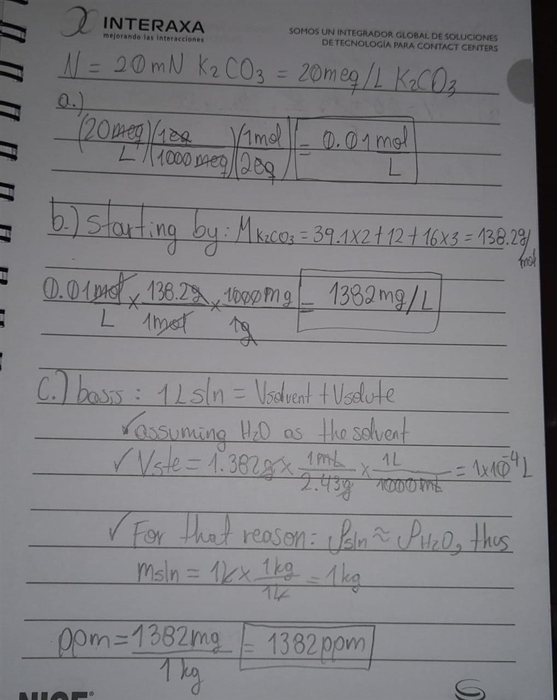 Unit conversion Given 20 meq/L K2CO3, find the following units: a. mol/L b. mg/L c-example-1