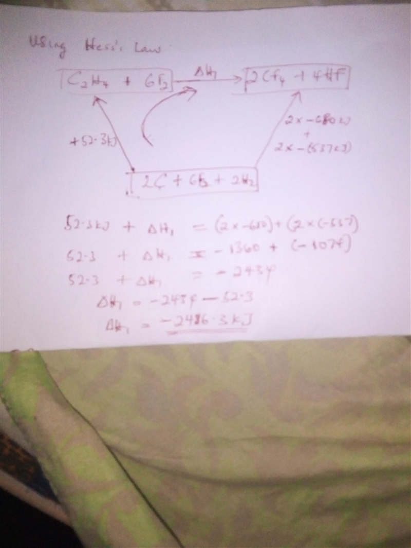 From the enthalpies of reactionH2 (g) + F2 (g) → 2 HF (g) ΔH = -537 kJC (s) + 2 F-example-1