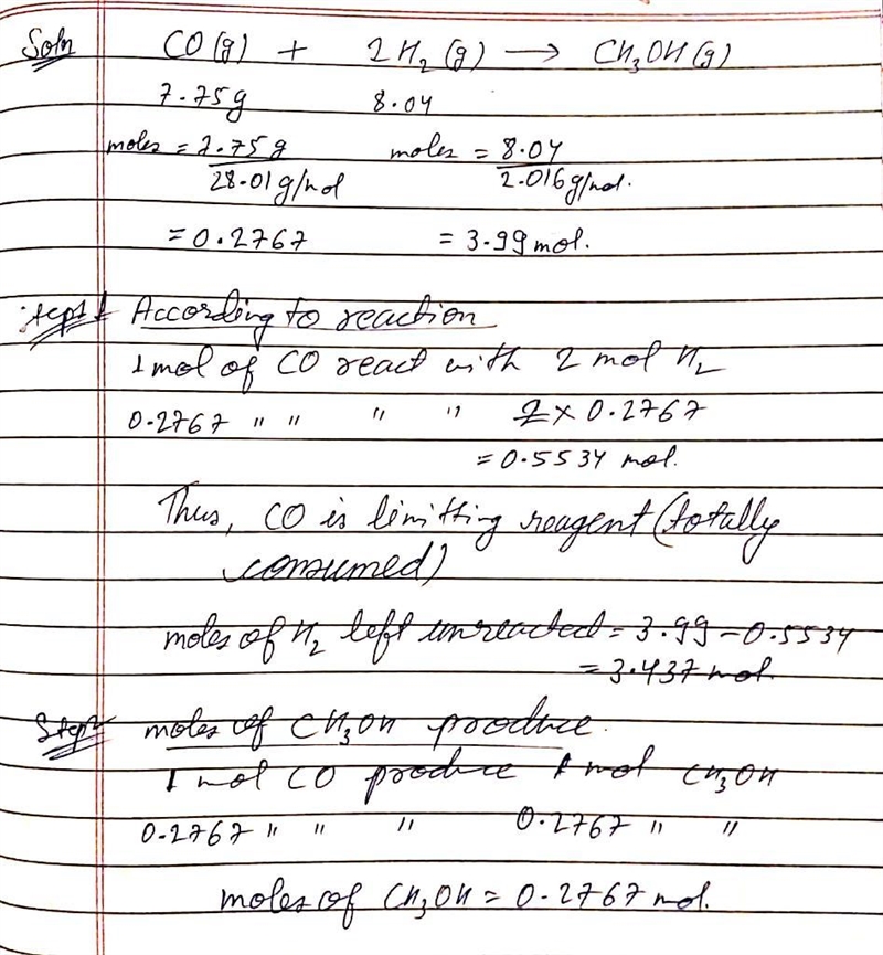 A mass of 7.75 g carbon monoxide is reacted with 8.04 g hydrogen to form methanol-example-1