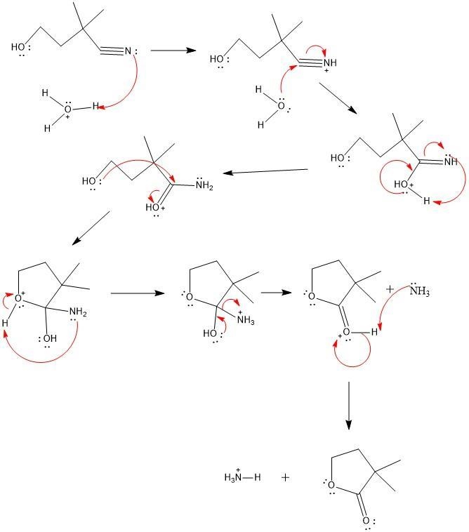 Acid catalyzed hydrolysis of HOCH2CH2C(CH3)2CN forms compound A (C6H10O2). A shows-example-2