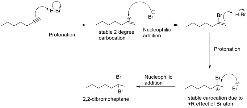 What is the major organic product that results when 1-heptyne is treated with 2 equivalents-example-1