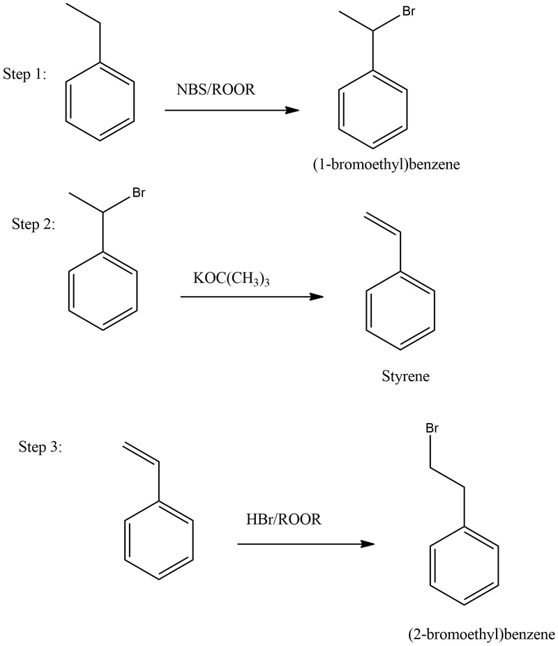 Construct a multistep synthetic route from ethylbenzene to (2-bromoethyl)benzene by-example-1