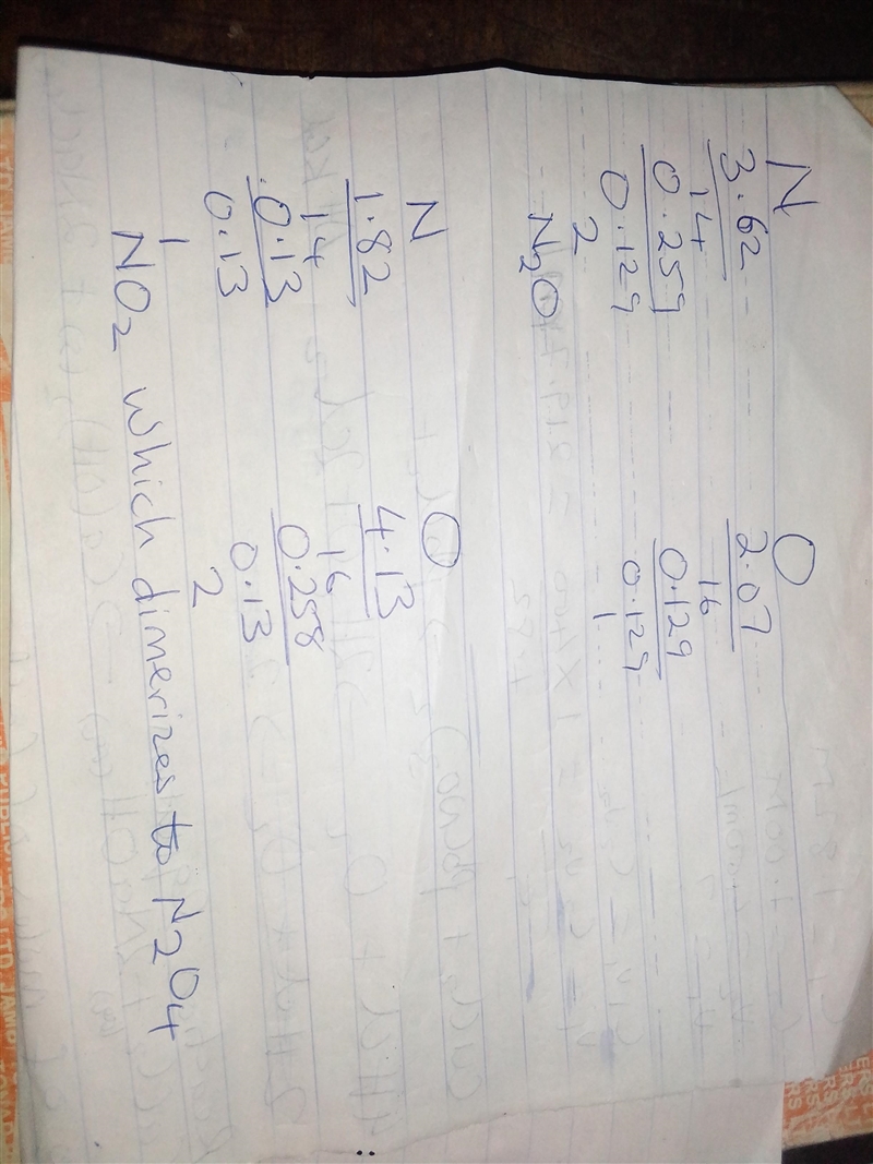 Nitrogen and oxygen can react to form various compounds. Two experiments showed that-example-1