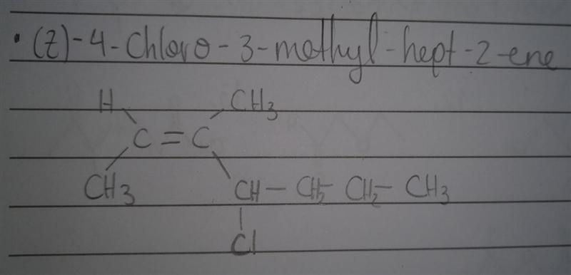 How would I draw this? Thank you in advance! (Z)-4-chloro-3-methylhept-2-ene-example-1