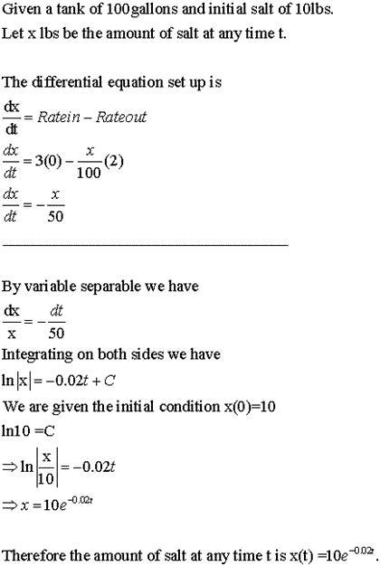 Suppose a tank contains 100 gallons of a solution of 10 lb of salt dissolved in​ water-example-1