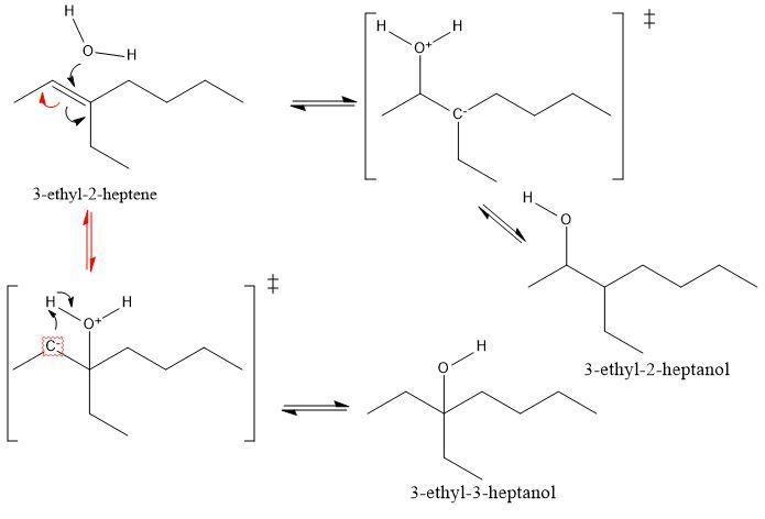 Draw the reactants and products of the following reaction: 3-ethyl-2-heptene + HOH-example-1