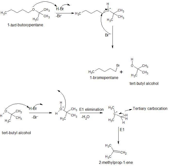 Reaction of tert−butyl pentyl ether [CH3CH2CH2CH2CH2OC(CH3)3] with HBr forms 1−bromopentane-example-1