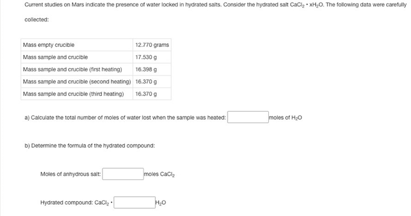 Number of moles of water lost when heated. CaCl₂ · xH₂O (see attachment for complete-example-1