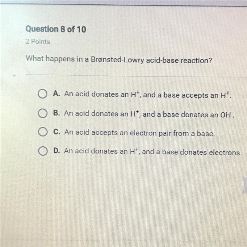 What happens in a Bronsted-Lowry acid-base reaction?-example-1