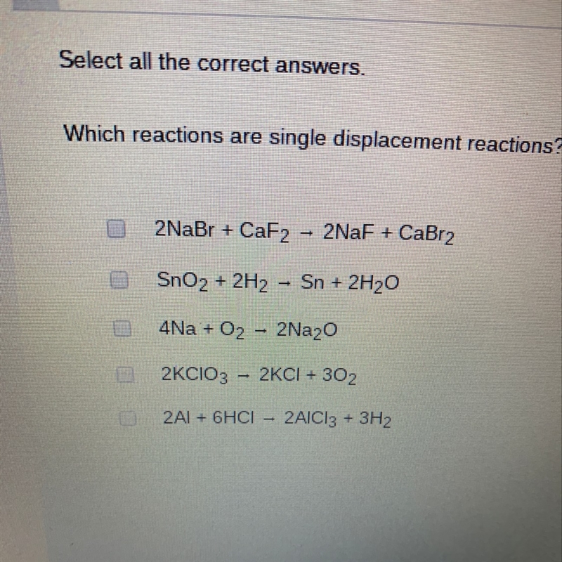 Which reactions are single displacement reactions?-example-1