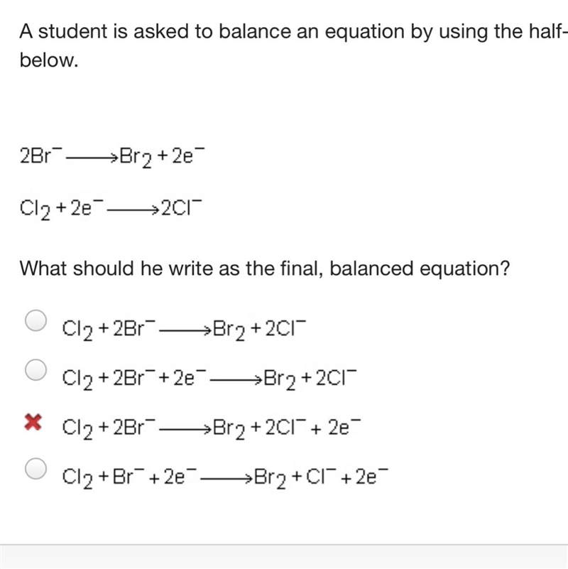 A student is asked to balance an equation by using the half-reaction method. He determines-example-1