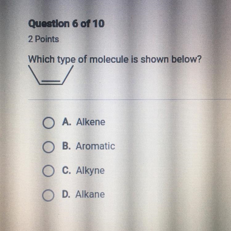 (Only answer if you’re for certain) Which type of molecule is shown below? A. Alkene-example-1