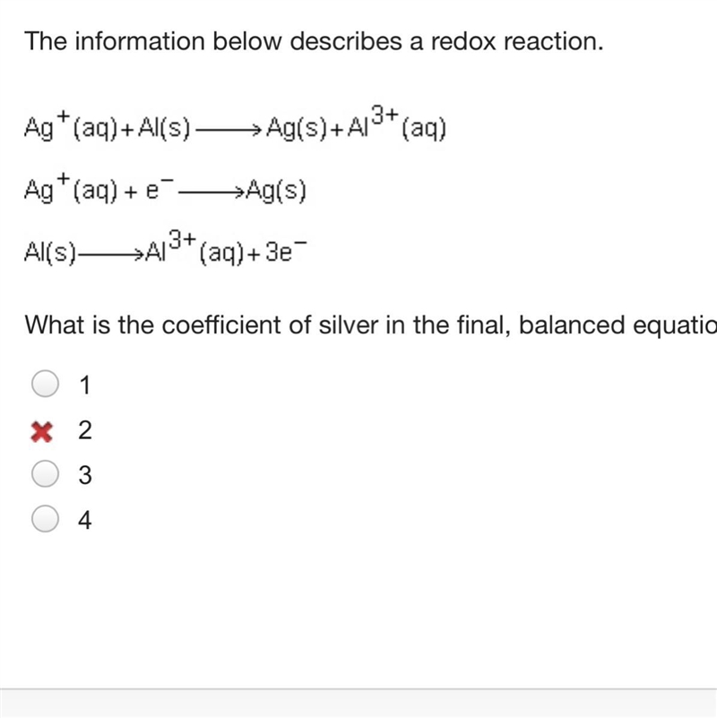 The information below describes a redox reaction. What is the coefficient of silver-example-1