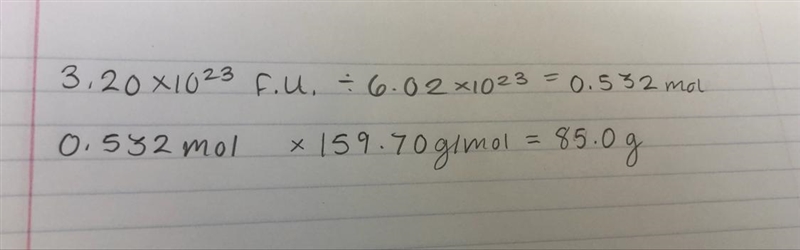 What is the mass of 3.20×10^23 fotmula units of fe2o3-example-1