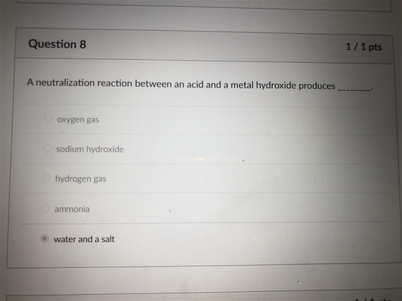 A neutralization reaction between an acid and a metal hydroxide produces-example-1