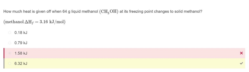 How much heat is given off when 64 g liquid methanol at its freezing point changes-example-1