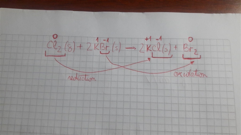 Cl2(g) + 2kBr(s) ---> 2KCl(s) + Br2(g) Rewrite the equation and write the color-example-1