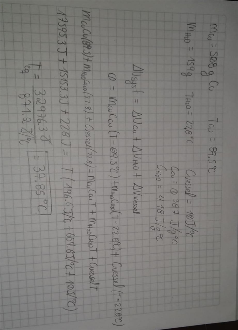 A 508−g piece of copper tubing is heated to 89.5°C and placed in an insulated vessel-example-1