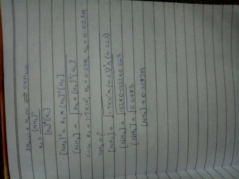 The Kc for the following reaction at 225 ∘C is 1.7×102. 3H2(g)+N2(g)⇌2NH3(g) If the-example-1