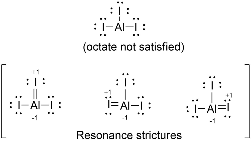 The AlI3 molecule has an incomplete octet around Al. Draw three resonance structures-example-1