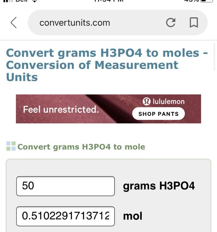 How many moles are in 50.0 grams of H3PO4?-example-1