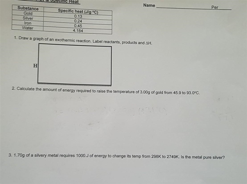 Energy and Specific Heat 1. Draw a graph of an exothermic reaction. Label reactants-example-1