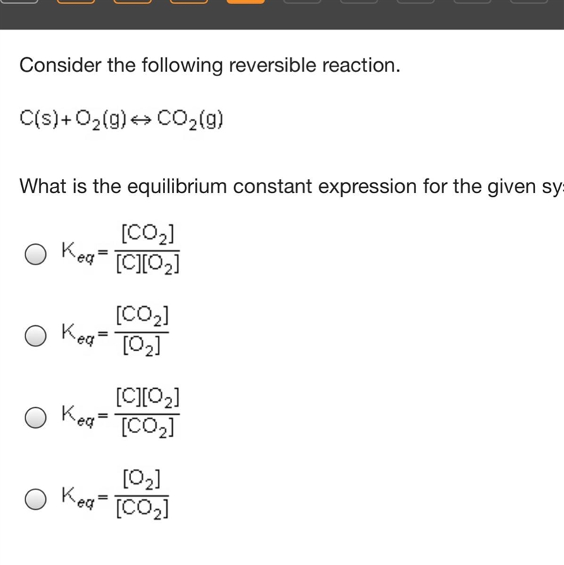 Consider the following reversible reaction. What is the equilibrium constant expression-example-1