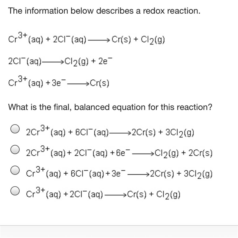 The information below describes a redox reaction. What is the final, balanced equation-example-1