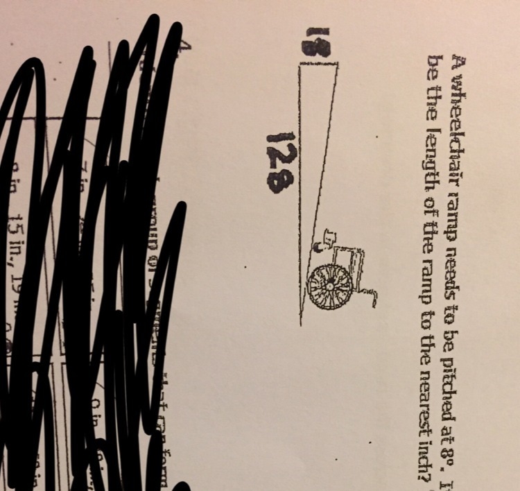 A wheelchair ramp needs to be pitched at 8 degrees. If the ramp is to access an 18-inch-example-1