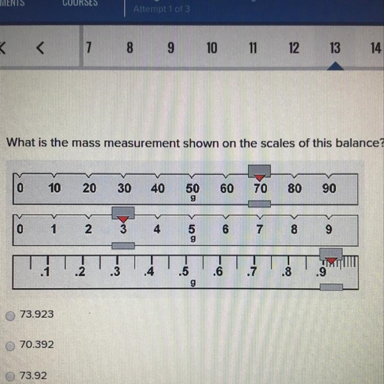 What is the mass measurement shown on the scales of this balance A)73.925 B) 70.932 C-example-1