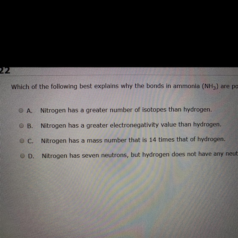 Which of the following bets explains why the bond in ammonia NH3 are polar covalent-example-1