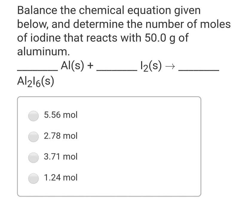 Determine the number of moles of iodine that reacts with 50g of aluminum​-example-1