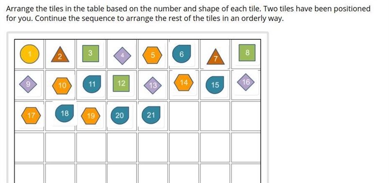 Arrange the tiles in the table based on the number and shape of each tile. Two tiles-example-1