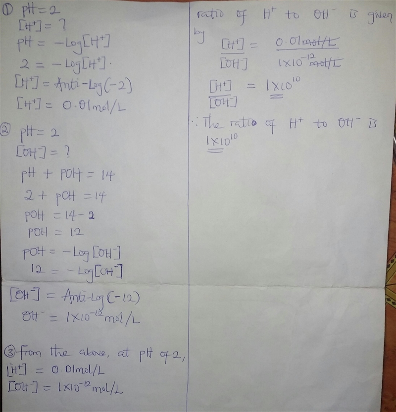 What is the concentration of H+ ions at a pH = 2? mol/L What is the concentration-example-1