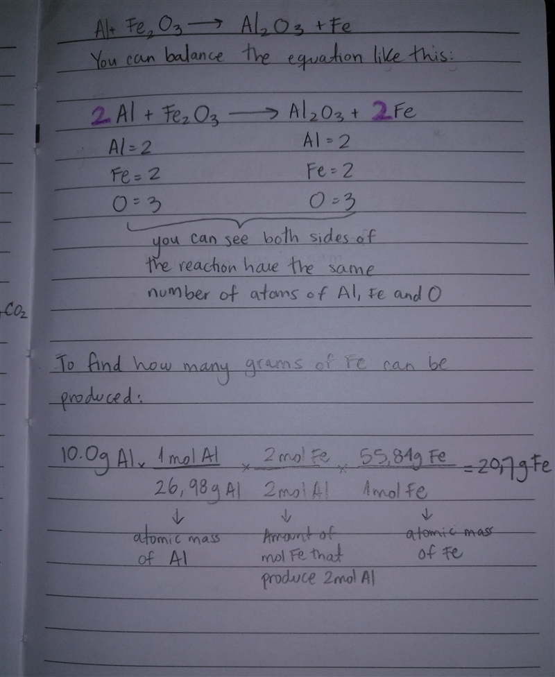 Al + Fe2O3 → Al2O3 + Fe (Need to balance equation) How many grams of Fe can be produced-example-1