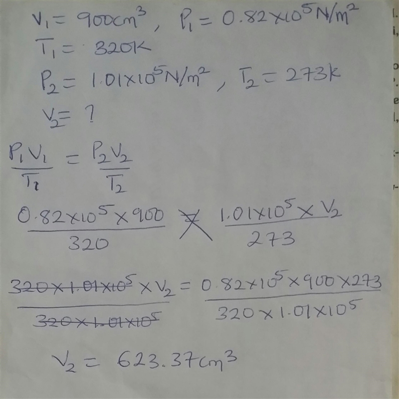 A given mass of a gas occupies 900cm^3 at 320K and 0.82×10^5N/m pressure. calculate-example-1