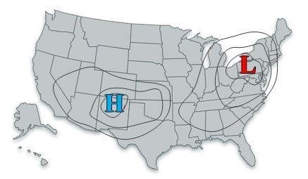 Based on the information in the weather map, which direction will the wind move? A-example-1