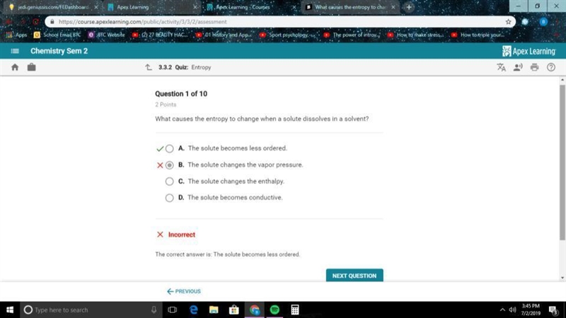 What causes the entropy to change when a solute dissolves in a solvent? A. The solute-example-1