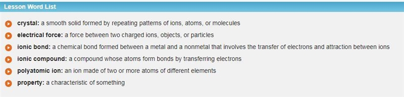 Match each term with the appropriate definition. crystal force between two charged-example-1